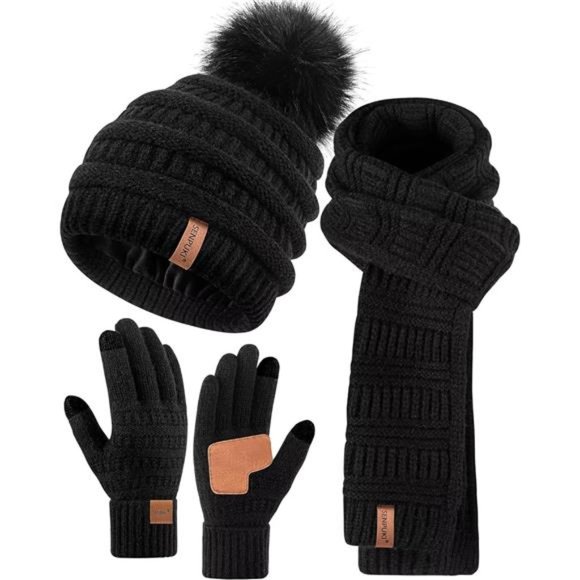 Women\'s Winter Beanie Scarf Gloves Set, Pom Pom Hat with Fleece Lined Long Scarf main image 7